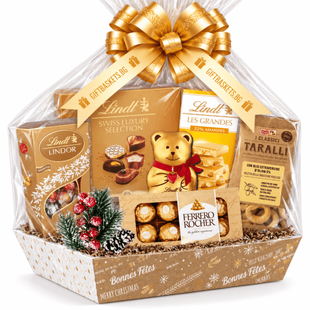 Коледна подаръчна кошница Gold Xmas с Lindt и Ferrero Rocher