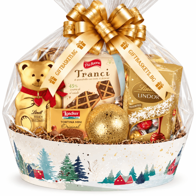 Коледна подаръчна кошница Gold Teddy с шоколадово мече Lindt