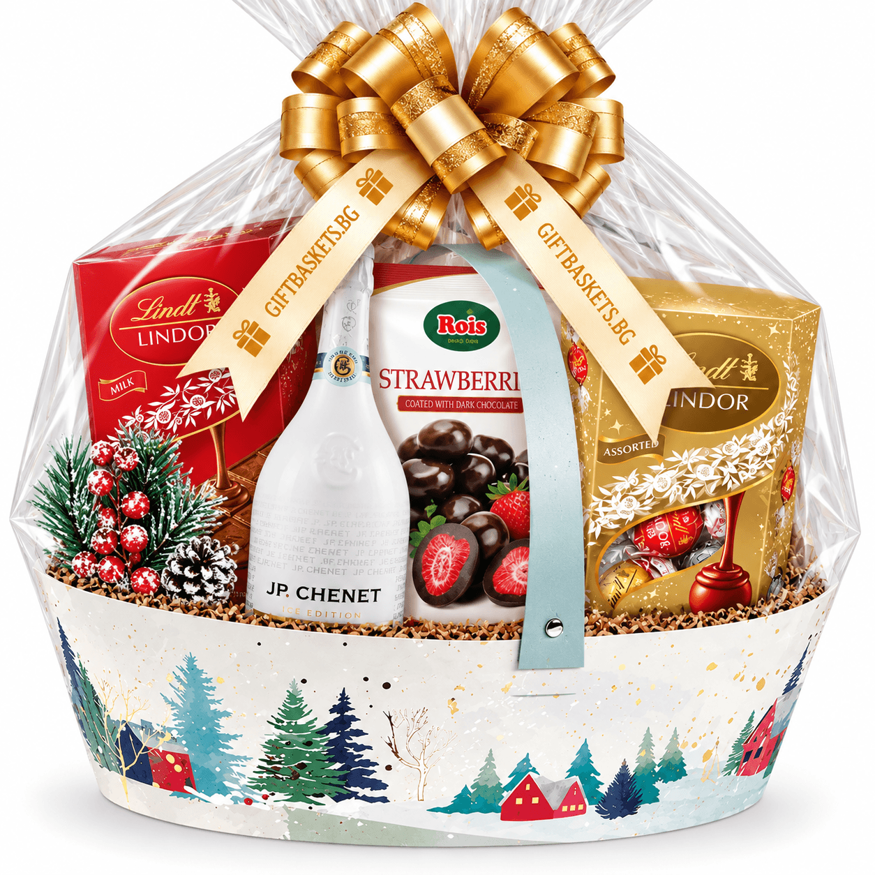 Коледна кошница с JP Chenet Ice Blanc и Lindt Lindor Коледна подаръчна кошница с пенливо вино Ice Blanc