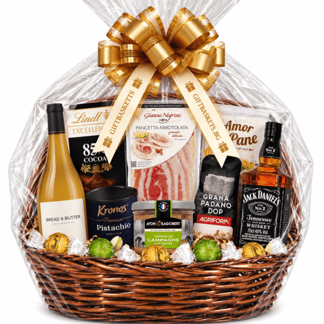 Луксозна Подаръчна Kошница с бяло вино Bread & Butter и уиски Jack Daniels
