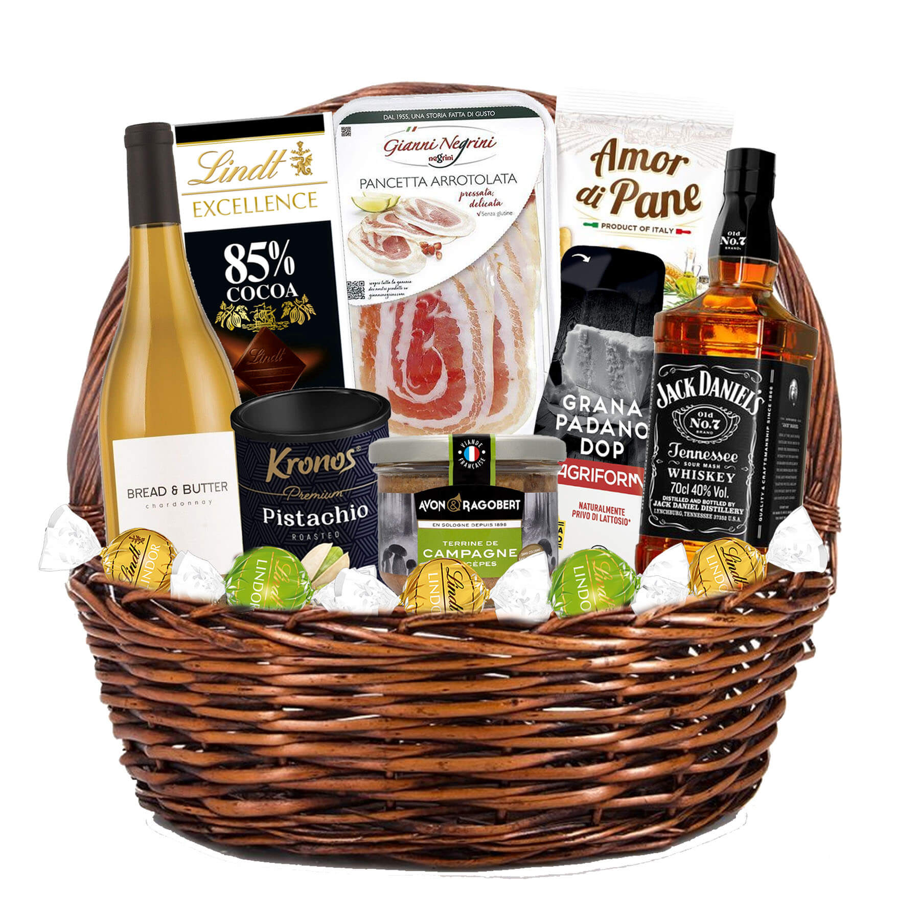 koshnica-s-bread-and-butter.jpg Луксозна Подаръчна Kошница с бяло вино Bread & Butter и уиски Jack Daniels - Image 1